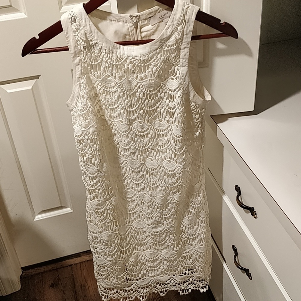 Petite Loft Scallop Lace Dress, Whisper White